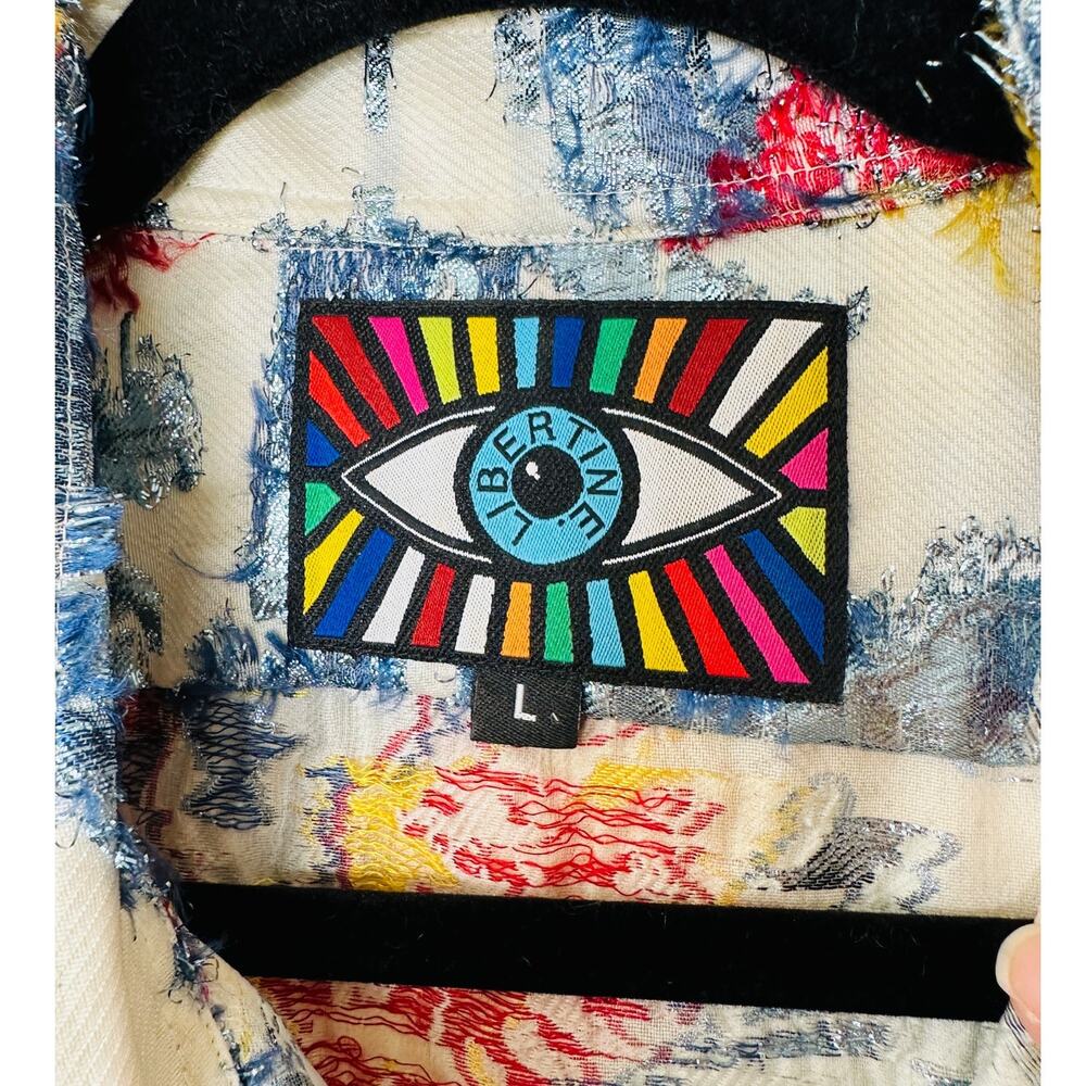Libertine Cream Red Blue Gold Metallic Embroidered Button  Short Sleeve Shirt L - Picture 2 of 12